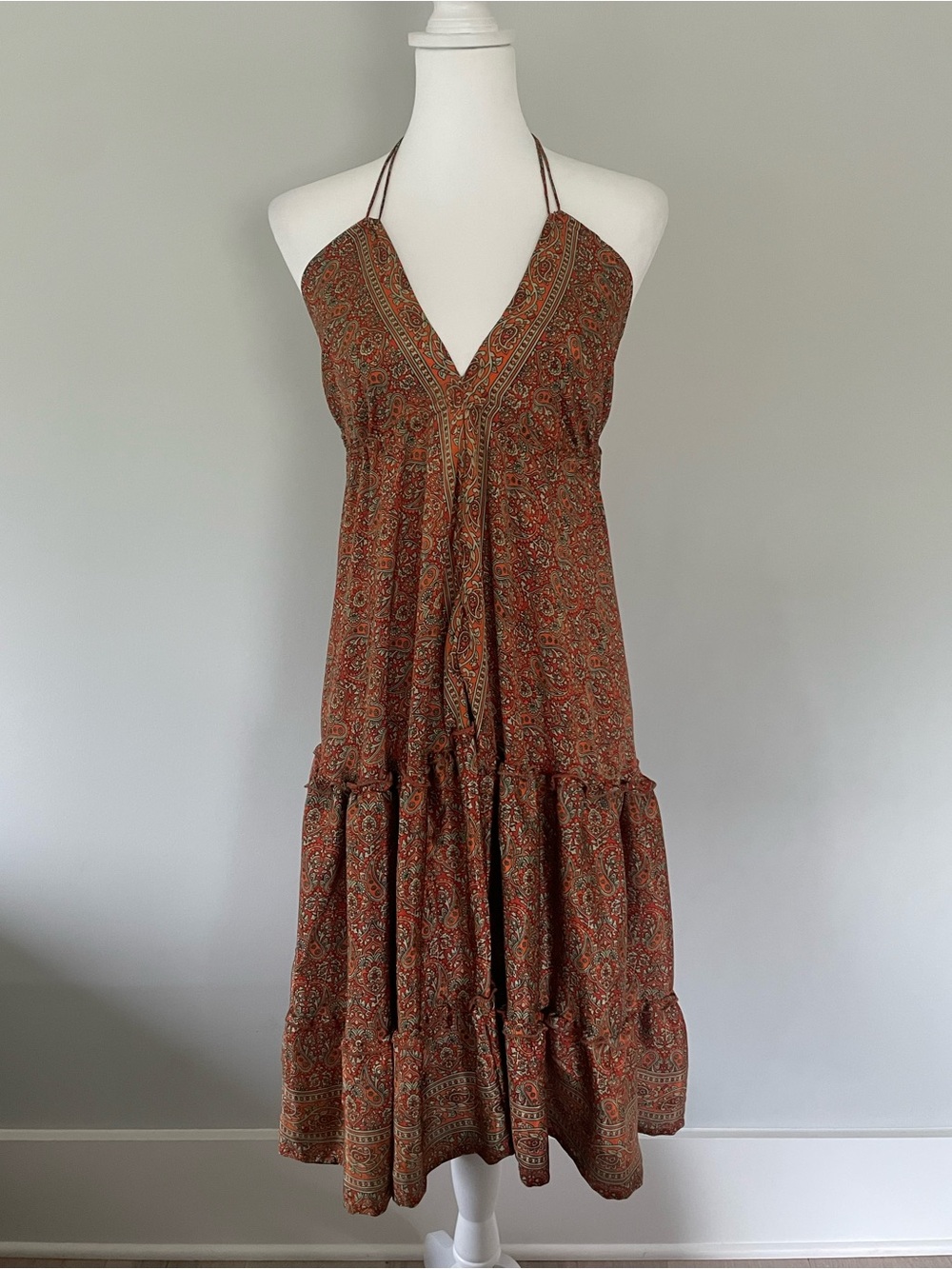 Silk Halter Tiered Maxi Dress in Rust Paisley